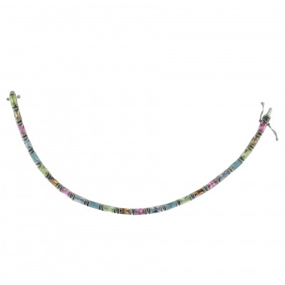 Sterling Silver Bracelet 7In. Mixed Color Cubic Zirconia (Pk+Champagne+Appl Green+Black+Lv)