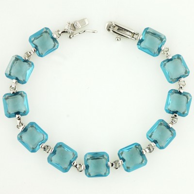 Sterling Silver Bracelet Blue Topaz Glass Cushion Links 7.25"