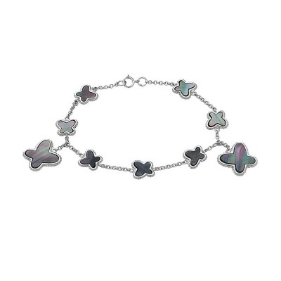 Sterling Silver Bracelet 7 Small+2 Dangle Big Black Mother of Pearl Inlay Butterf