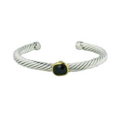 Sterling Silver Bracelet Chess Cut Black Cubic Zirconia Rectangular Gold Tone Bezel+Twis