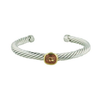 Sterling Silver Bracelet Chess Cut Champagne Cubic Zirconia Rectangular Gold Tone Bezel+Twist