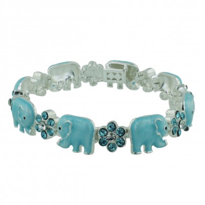 Sterling Silver Bracelet 7.5'' 8 Pcs Blue Enamel Elephant with Blue To