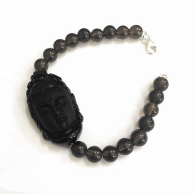 BRACELET SMOKEY QUARTZ 8MM BEAD+OBESIDIAN GUAN YIN WITH SILVER BEADS