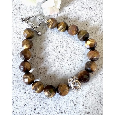 Sterling Silver BRACELET TIGER'S EYE FACETED CUT SILVER BEAD AND SILVER BALL FINDING