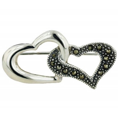 Marcasite Pin Plain Double Heart