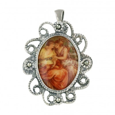 Marcasite Pin+Pendant Oval Wave Porcelain