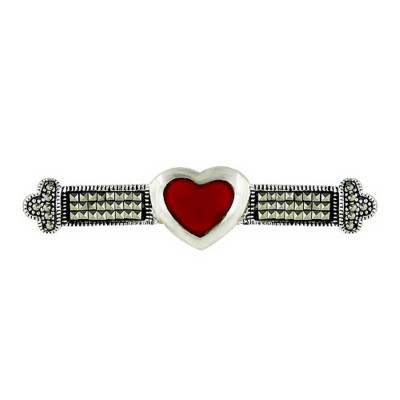 Marcasite Pin Square Cut Bar with Heart Carnelian