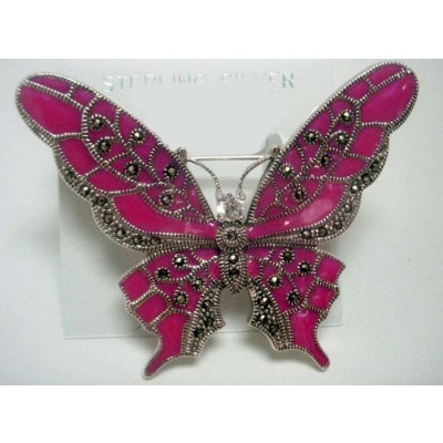 Marcasite Pin Butterfly Enamel Pink with 1 Cubic Zirconia