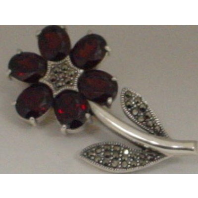 Marcasite Pin 6 Petal Garnet Cryst Flower