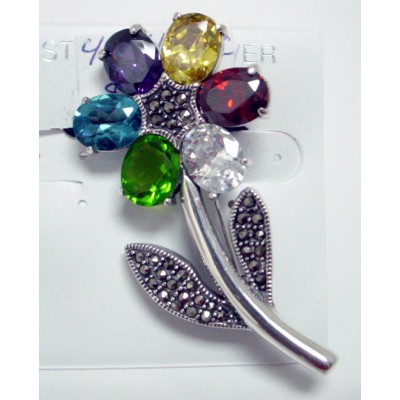 Marcasite Pin 6 Petal Peridot+Blue Topaz +Amethyst+Citrine+Garnet Cubic Zirconia