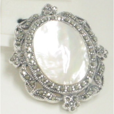 Marcasite Pin Oval Mother of Pearl 30X20 Outline with Z Flowers Design