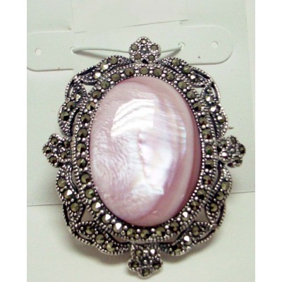 Marcasite Pin Oval Mother of Pearl Pink 30X20 Outline with Z Flowers De