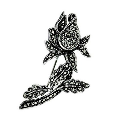 Marcasite Pin Rose Bud with Leaves