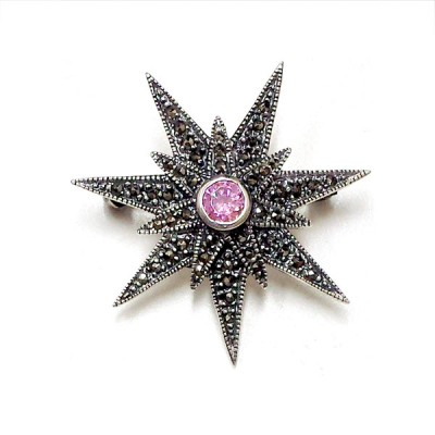 Marcasite Pin 7 Point Double Star with Round Pink Cubic Zirconia Cntr