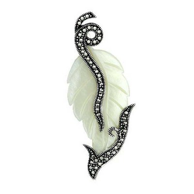 Marcasite Pin Mother of Pearl Strawberry Leaf with Wavy Z Stem