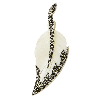 Marcasite Pin Mother of Pearl Leaf with Z Line Stem