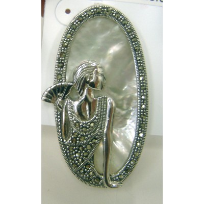 Marcasite Pin Lady Fan Portrait with Mother of Pearl