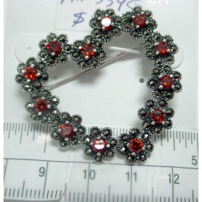 Marcasite Pin Garnet Cubic Zirconia Heart