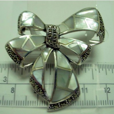 Marcasite Pin White Mother of Pearl Inlay Bow