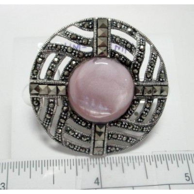Marcasite Pin Round Pink Mother of Pearl with Interior Wave Line