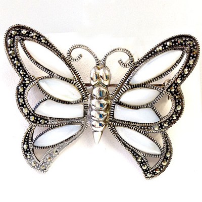 Marcasite Pin White Mother of Pearl Butterfly