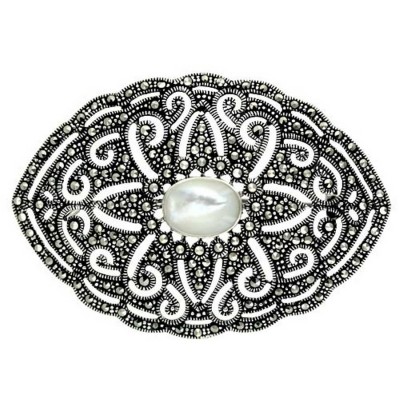 Marcasite Pin White Mother of Pearl Oval Ctr