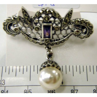 Marcasite Pin Ame Cubic Zirconia Rectangular+Filigree with Beehive with White Fa