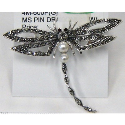 Marcasite Pin Dragonfly with White Faux Pearl+Garnet Cubic Zirconia Eyes