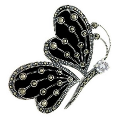Marcasite Pin Folder Butterfly with Onyx Raindrop Wings+4mm