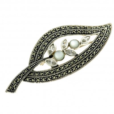 Marcasite Pin Open Leaf with Round White Mother of Pearl+Marquis Clear Cubic Zirconia