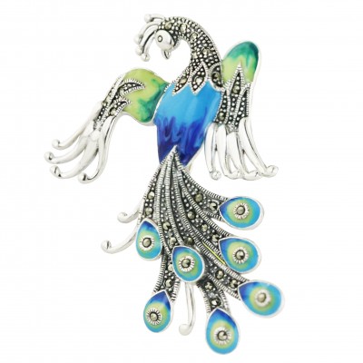 Marcasite Pin Blue+Green Enamel Bird