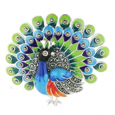 Marcasite Pin Black+Bk+Rd+Green+Pl+Or Enamel Rooster