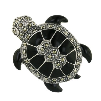 Marcasite Pin Black Enamel Turtle