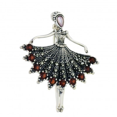 Marcasite Pin Ballerina with 10Pcs Garnet Cubic Zirconia Ballet Costume+Pink