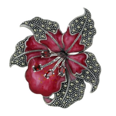 Marcasite Pin Red Enamel+Garnet Cubic Zirconia Flower