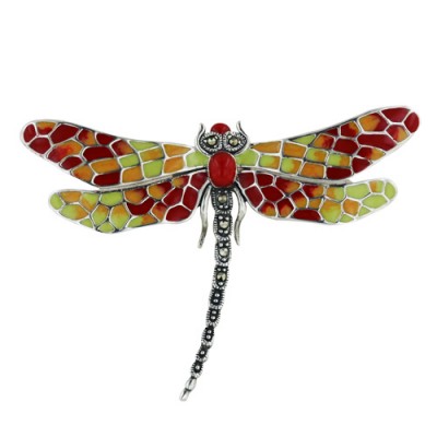 Marcasite Pin Red/Green/Yellow Enamel Dragonfly