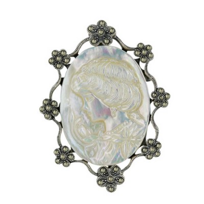 Marcasite Pin Mother of Pearl 29-38mm Oval Lady Cameo with 8 Marcasite