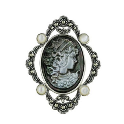 Marcasite Pin Cameo of Woman Mother of Pearl Rhombus with 4 Round Mother of Pearl