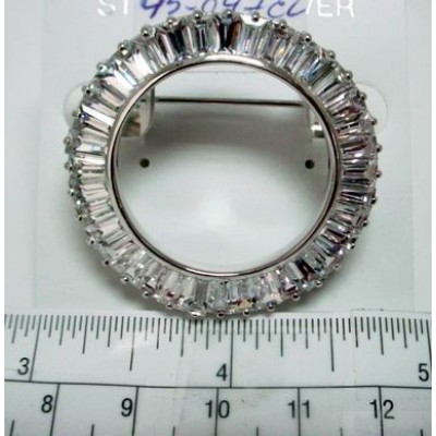 Sterling Silver Pin Clear Cubic Zirconia Baguette Circle