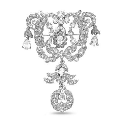 SS Pin Filigree Flwr Leaf Motif W/ Clr Cz Dangle, Clear