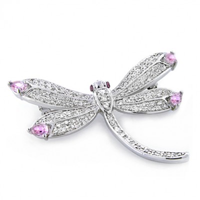 Sterling Silver Pin Clear Cubic Zirconia Dragonfly with Pink Cubic Zirconia