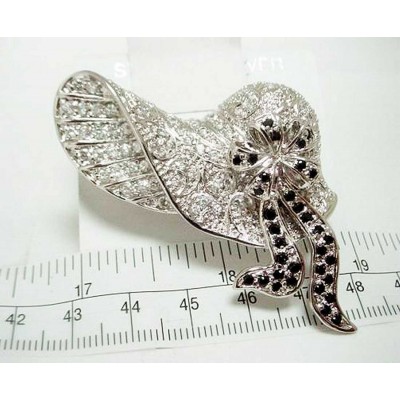 Sterling Silver Pin Clear Cubic Zirconia Fancy Hat with Black Cubic Zirconia Bow