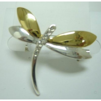 Sterling Silver Pin Two Tone Clear Cubic Zirconia Dragonfly