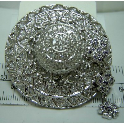 Sterling Silver Pin Clear Cubic Zirconia Fashion Hat with Ame Cubic Zirconia Flower Dangling
