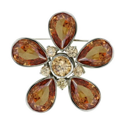 Sterling Silver Pin 5 Champagne Cubic Zirconia Tear Drop Big Flower