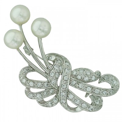 Sterling Silver Pin 3 White Fresh Water Pearl Cubic Zirconia Bouquet