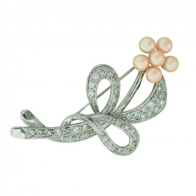 Sterling Silver Pin 6Pcs Pink Faux Pearl Flower Bouquet