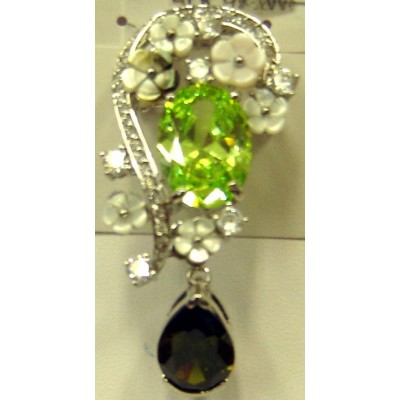 Sterling Silver Pin Black,Pink, White Mother of Pearl Flower with 18X13mm Oval Light P