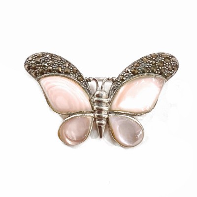 Marcasite Pin Pink Mother of Pearl Butterfly