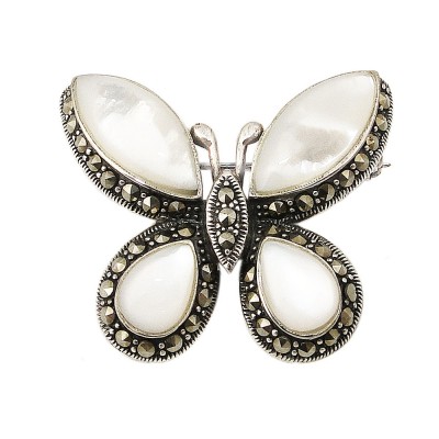 Marcasite Pin White Mother of Pearl Butterfly